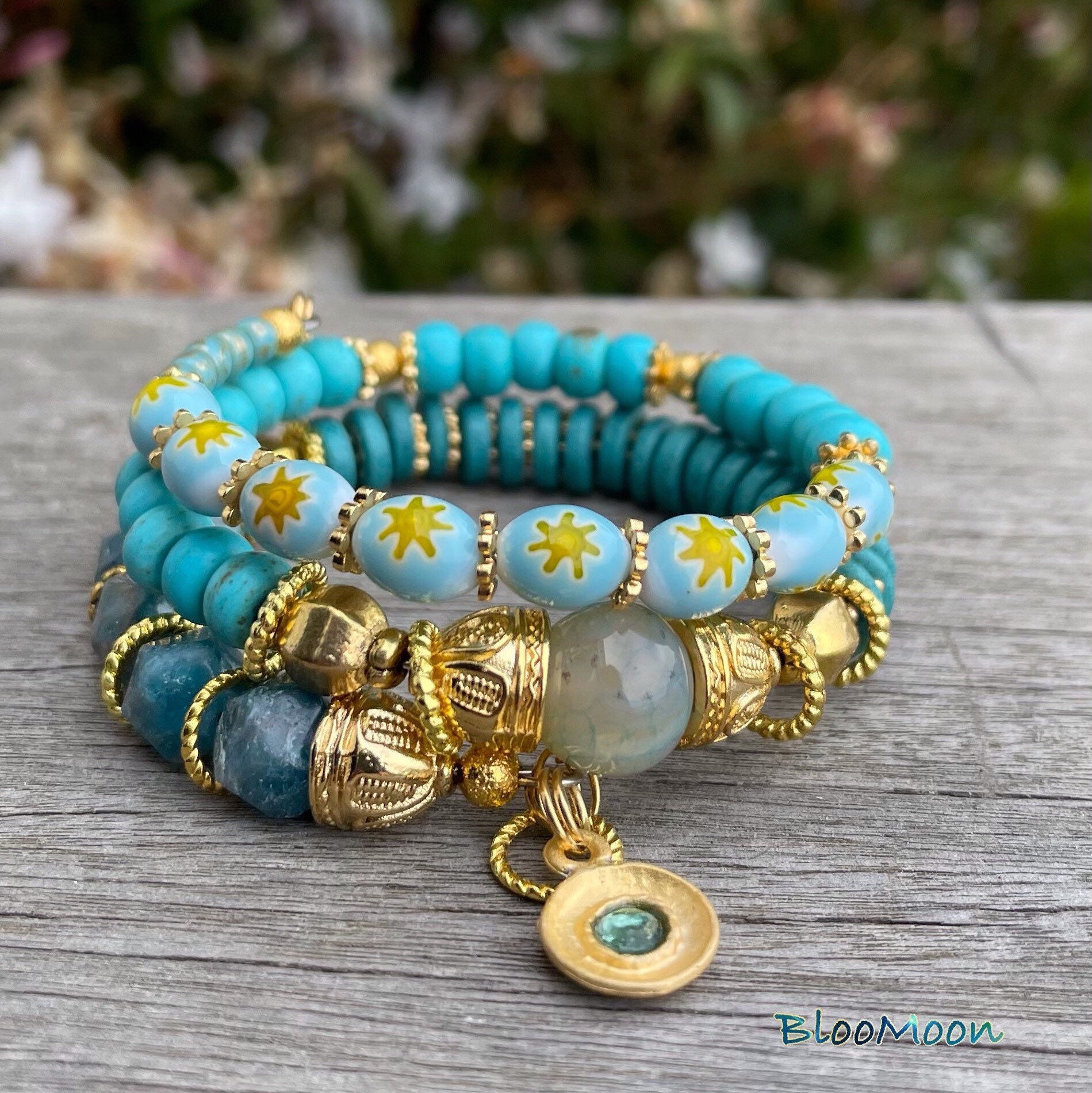 Shades of Blue Intertwined With Gold - Memory Wire Bracelet