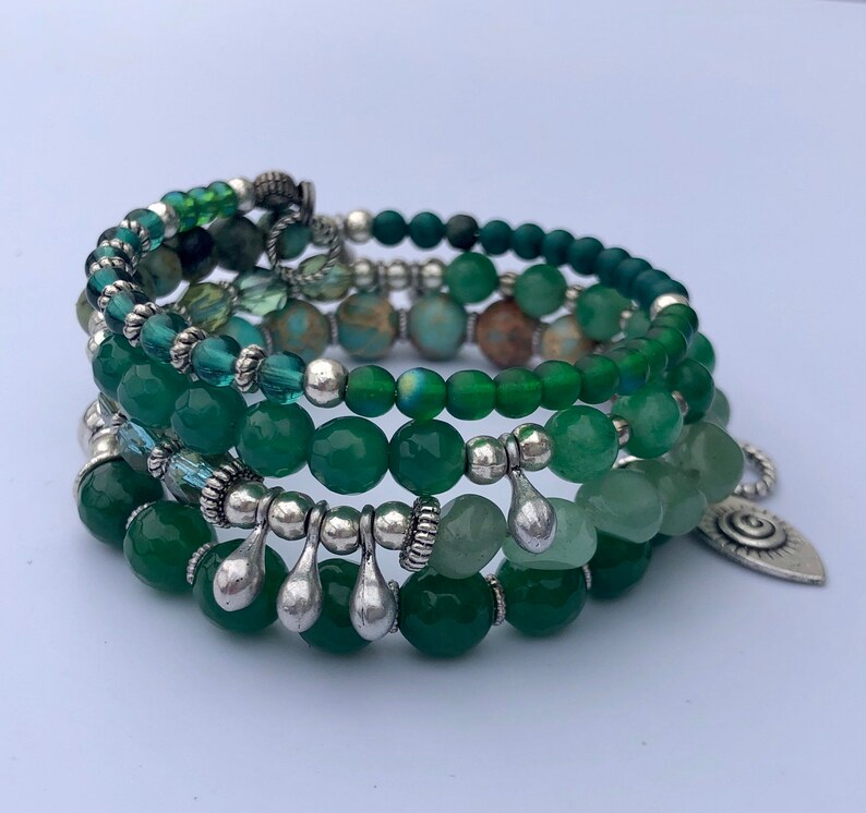 Shades of Green Intertwined With Silver Memory Wire Bracelet - Etsy