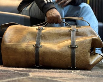 Handmade Buffed Leather Motorcycle Duffle Bag, Honey Mustard Cabin Bag