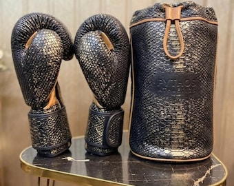 Cobra Style Snake Skin Embossed Leather Boxing Gloves - Unique Premium Gold Copper And Onyx Punching Gloves - Gift For Boxers