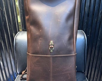 Handmade Leather Roll Top Backpack | Coffee Brown Cowhide Travel Bag