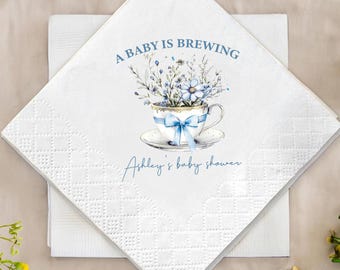 Personalized Brewing Baby Shower Paper Napkin, Fall Celebration Holiday Event Napkin Decor, Floral Tea Cup Perfect for Baby Shower