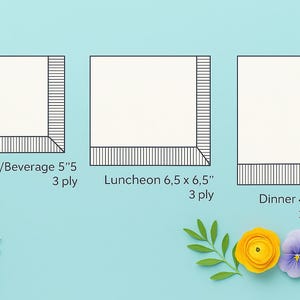Op de afbeelding: Afbeelding van drie witte papieren servetten met zwarte randdetails. Maten: Cocktail/Drank 12,7cm x 12,7cm, Lunch 16,5cm x 16,5cm, en Diner 10,16cm x 20,32cm. De servetten zijn 2 of 3 laags. Bloemenversieringen.