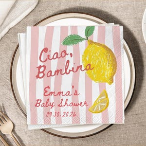 Personalized Ciao Bambina Paper Napkin, Custom Italian Lemon Baby Shower Decor,Amalfi Coast Pink Stripe Party, Mediterranean Girl Serviettes