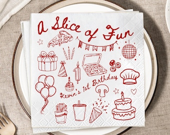 Personalized Pizza First Birthday Paper Napkin, Custom Pizza Themed Tableware, Slice of Fun Mushroom Fry Drink Chef Hat Disco Ball Favor