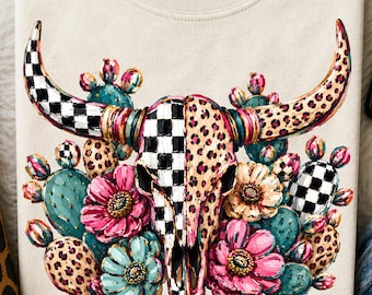 Western Longhorn Skull PNG, Leopard Checkerboard Boho Graphic (Digital Download)