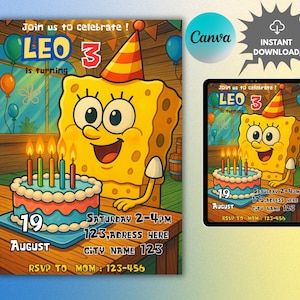 SpongeBob Birthday Invitation, Editable Party Template, Instant Download, Printable Invite for Kids  ,sponge bob SquarePants Theme
