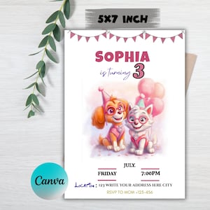Skye & Everest Paw Patrol Birthday Invitation: Pink Party Template (Canva Editable, Digital Download)