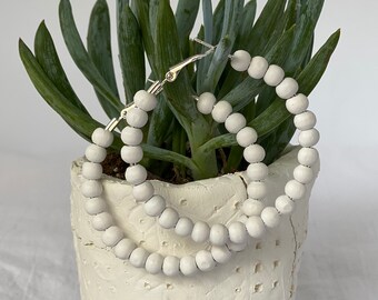 White Natural Wood Bead Big Large 50 mm Statement Hoop Earrings