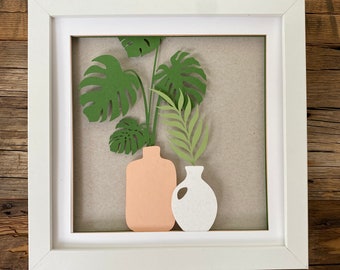 Modern Boho Abstract Ceramic Vases with Monstera Leaf and Fern 3D Shadow Box Paper Art Danish Pastel Colors