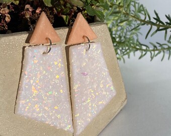 Iridescent Sparkly and Scented Beige/Pale Pink and White Sparkle Earrings / Modern Statement Earrings / Shiny Earrings with Fragrance