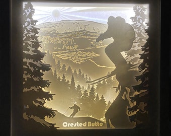 Crested Butte Ski Light Up Shadow Box / Illuminated Night Light Box / Colorado Ski Town Gift / Personalized Ski Gift