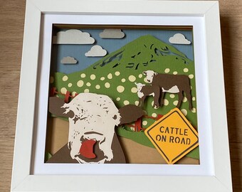 Cattle in Road Framed Shadow Box, Colorful Cow Art, Layered 3D Paper Art