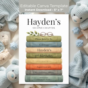 May include: A white invitation card with the text "Hayden's Second Chapter" and "2nd Birthday". The design features a stack of books with text, glasses, and leaves. The card is 12.7cm x 17.8cm and includes RSVP information.
