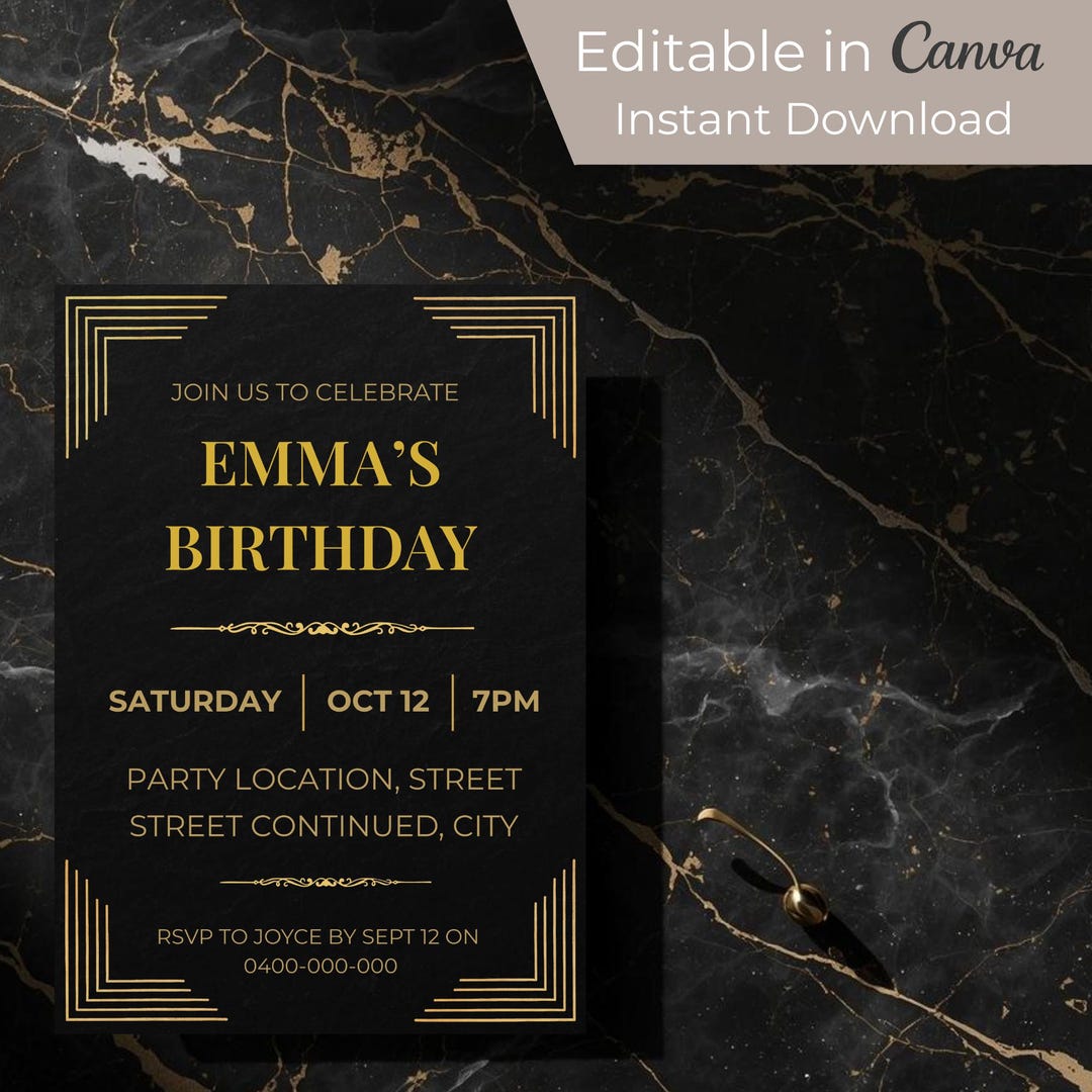 Black and Gold Birthday Invitation Template, Elegant Adult Milestone ...