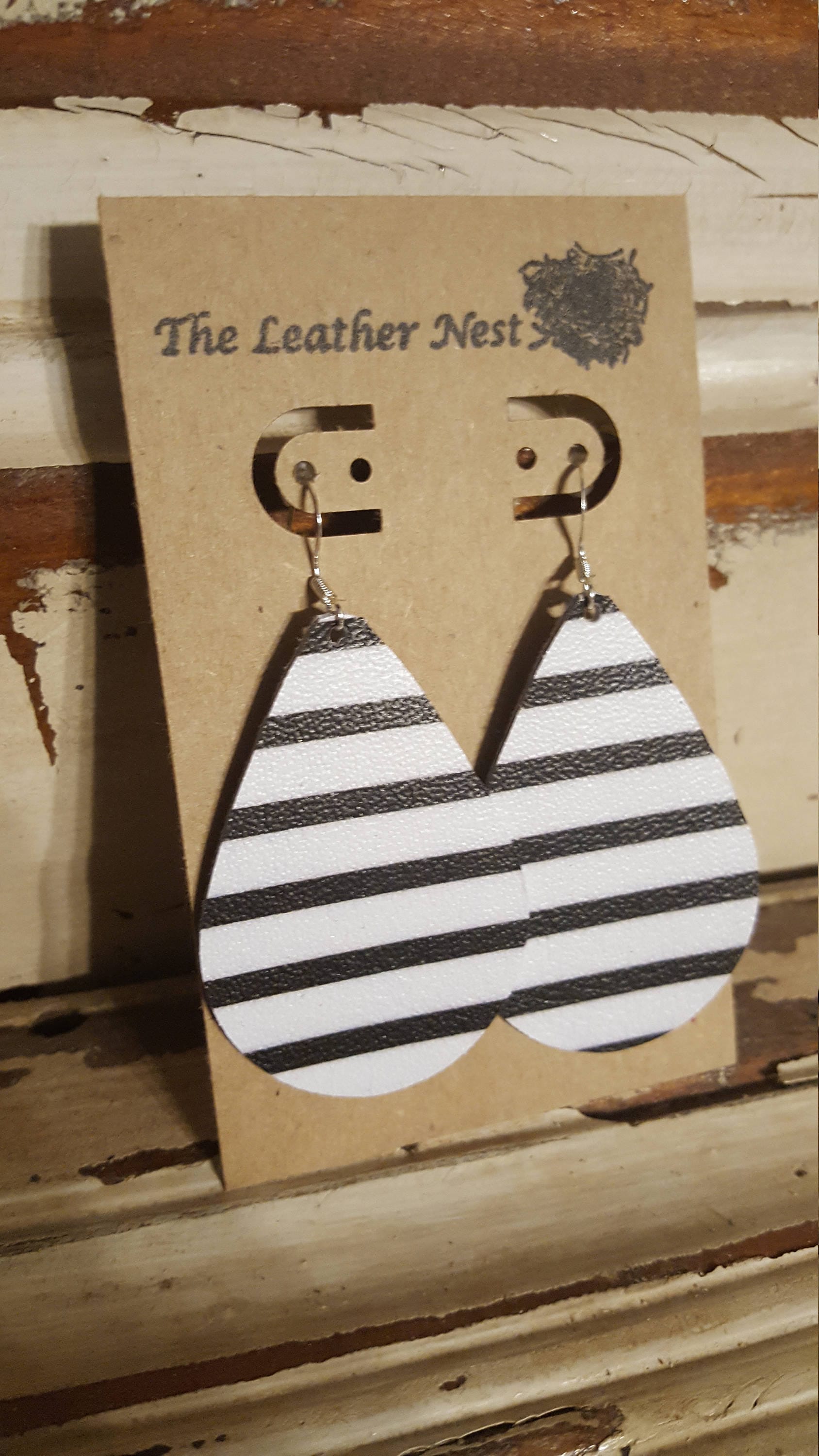 Leather Earrings, Leather Jewelry, Black, White, Stripe, Matte, State…