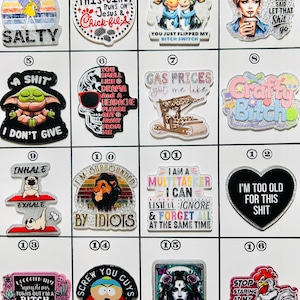 May include: A collection of colorful acrylic charms with various humorous phrases and graphics. Designs include a cartoon character, a skull, a pug, and text like "Don't Be Salty" and "I'm Too Old For This Shit."