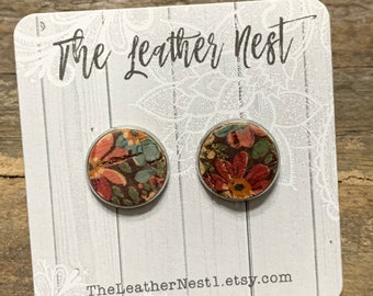 Leather Earrings, Leather Jewelry, Portugal  Cork Studs, Natural, Floral, Fall, 12mm, Post Earrings, Stud Earrings, Shabby Chic, Vintage