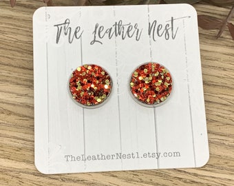 Leather Earrings, Faux Leather, Glitter  KC, Chiefs, Kansas City Chiefs, Football, Sports, Red, Yellow, Studs, Nickel Free