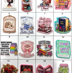 May include: A collection of colorful stickers with book-themed designs. The stickers feature various quotes and images, including stacks of books, coffee cups, and the text "Just a Girl Who Loves Books."