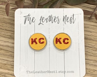 Leather Earrings, Leather Studs, KC, Chiefs, Kansas City Chiefs, Football, Sports, Red, Yellow, Glitter, Studs, Nickel Free
