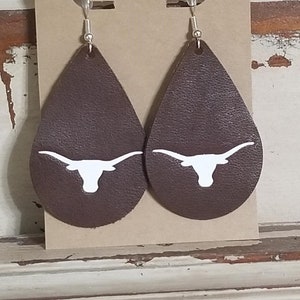 Leather Earrings, Leather Jewelry, University of Texas, Longhorns,Brown, Natural, Statement Earrings, 100% Leather, Tear Drop, Lightweight