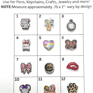 May include: Acrylic double-sided beads with various designs, including a pocket watch, lips, a bow, and a paw print. The text on the beads includes "Faith, Hope, and Love," "Dutch Bros," and "Morgan Wallen." Each bead measures approximately .75 x 1 inch.