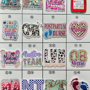 May include: A collection of colorful badge reels with various medical-themed designs. The designs include text such as "Respiratory Therapist," "Nurse," "Speech Therapy is my Jam," and "Medical Assistant." The reels feature glitter and floral patterns.