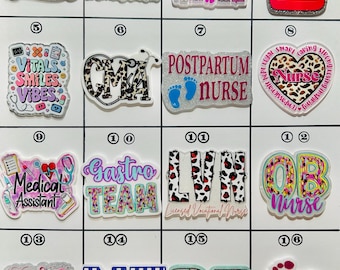 May include: A collection of colorful badge reels with various medical-themed designs. The designs include text such as "Respiratory Therapist," "Nurse," "Speech Therapy is my Jam," and "Medical Assistant." The reels feature glitter and floral patterns.