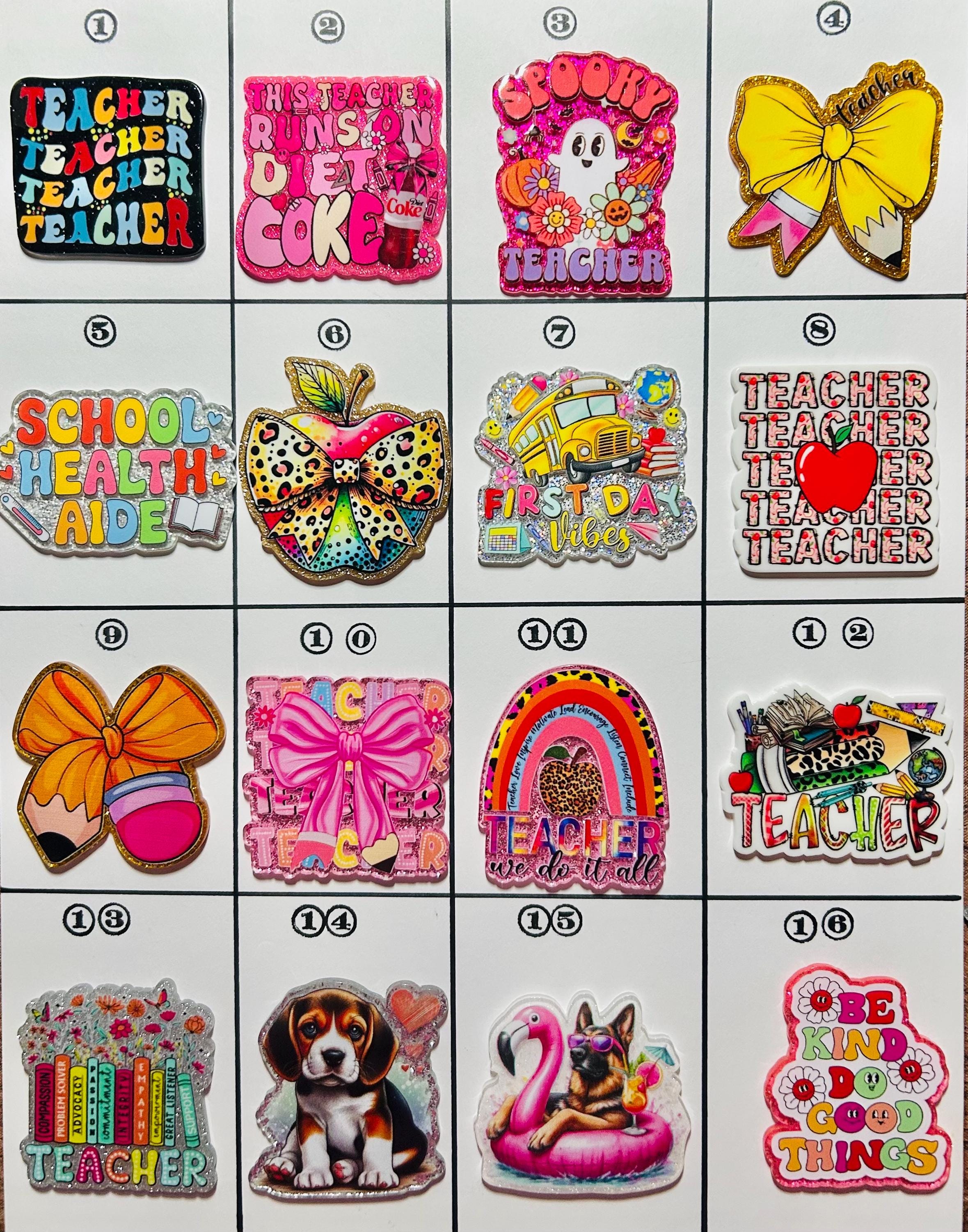 Acrylic Flat Backs, Interchangeable Acrylic, Badge Reel, Teacher, School, Pencil, Bus, First Day, Health Aide, Spooky, Dog, Animal -Board 43