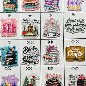 May include: A collection of colorful, decorative book-themed charms. Designs include stacks of books, quotes, and images of a dragon, coffee, butterflies, and a skeleton. The charms are made of acrylic and are suitable for various crafting projects.