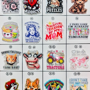 May include: A collection of sixteen colorful, glittery acrylic charms with various designs and text. Designs include a floral pattern, a Dr. Pepper heart, a girl with puzzles, a baby cow, ramen, a woman, a mom, the word "tired", a cat, a cow, a tractor, a world map, a badger, a dog, a fairy, and a quote.