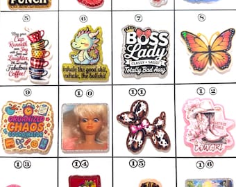 Acrylic Flat Backs, Interchangeable Acrylic, Badge Reel, Punch Monkey, Birds, Crystals, Coffee, Dragon, Cowgirl, Barbie, Wizard of Oz-139