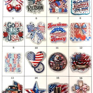 May include: A collection of patriotic-themed decorative charms. Designs include a bow with cherries, text that reads "If I'm the problem", a tongue with the American flag, and a star with the American flag.