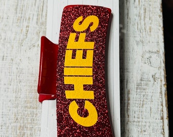 Leather, Cork, Hair Clip, Chiefs, NFL, Kansas City, Football, Sports, Women’s Hair Claw Clip, Hair Accessories, Red, Yellow