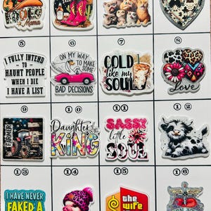 May include: A collection of decorative charms with various designs and text. Designs include a cowboy hat, boots, cats, a heart, a list, a car, a coffee, hearts, a tractor, text that says "Daughter of the King", a cow, a pig, and text that says "I have never faked a sarcasm".