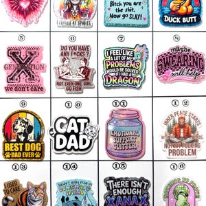 May include: A collection of colorful, glittery acrylic charms with various designs and text. Designs include a heart-shaped wing, a skull with a cocktail, a duck with the text "Duck Butt", and phrases like "Today's Affirmation" and "Emotional Support Glitter".