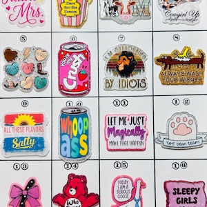 May include: A collection of colorful acrylic charms with various designs and text. Designs include a popcorn container, a soda can with "You're my Crush", a dachshund, and a goose with a speech bubble that says "Today I am a serious goose."