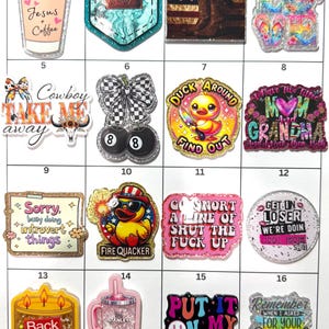 May include: A collection of sixteen decorative acrylic stickers arranged in a grid. Designs include coffee cups, cowboy boots, ducks, humorous text, and colorful patterns. Each sticker features a glossy finish with various graphic illustrations.