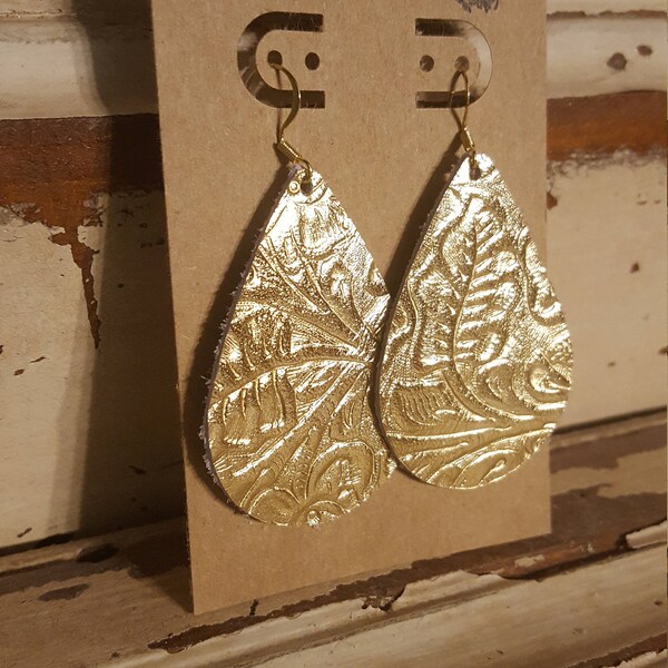 Leather Earrings, Gold, Western, Statement Earrings, 100% Leather, Tear Drop, Lightweight