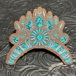 Hat Patch, Patches, Iron On Patch, Western, Leather Style, Hat Bar, Trucker Hat Patch, Embroidered, Cowboy, Turquoise, Aztec Design
