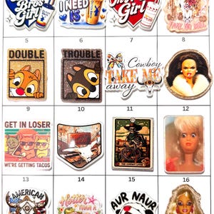 May include: A collection of sixteen decorative acrylic pins featuring various graphic designs including hearts, cartoon characters, skulls, text, and dolls. Each pin is numbered and displays unique illustrations, vibrant colors, and diverse themes.