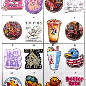 May include: A collection of sixteen decorative acrylic pins featuring various graphic designs, including humorous text, cartoon characters, coffee cups, ducks, and skeletons, each with a unique shape and colorful printed artwork on a white background.