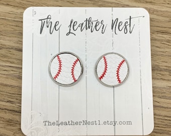 Leather Earrings, Leather Studs, Baseball, High School Baseball, MLB, Studs, Nickel Free, Stainless Steel