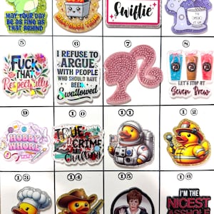 May include: A collection of colorful, glittery charms with various designs and text. Designs include a frog, a dumpster fire, a name tag that says "Swiftie", a mixer, a flower, text that says "I refuse to argue", a Barbie silhouette, coffee cups, scissors, a duck astronaut, a duck firefighter, a chef duck, a cowboy duck, a woman saying "Bitch, please", and text that says "I'm the nicest asshole you'll ever meet."