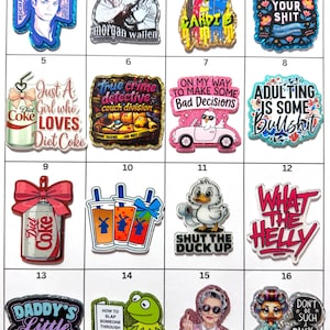May include: A collection of sixteen decorative acrylic pins featuring various pop culture icons, humorous text, and colorful illustrations including Michael Jackson, Morgan Wallen, Cardi B, Diet Coke cans, ducks, and witty phrases on a white grid background.