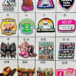 May include: A collection of colorful, glittery pins with various designs and text. Designs include a woodpecker, a bag of roses, a rainbow, a heart, a construction worker, a frog, a llama, a pink name tag, a bow, cowboy boots, a cowgirl, a coffee cup, a cow, and a bus pass.
