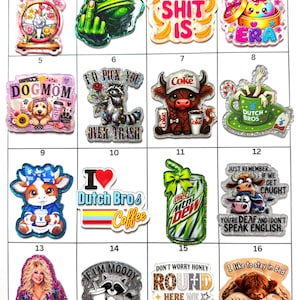 May include: A collection of sixteen decorative acrylic charms featuring various graphic designs, including cartoon animals, beverage cans, and humorous text phrases like 'Dog Mom', 'In My Squishy Era', and 'I'd Pick You Over Trash' with glitter accents.