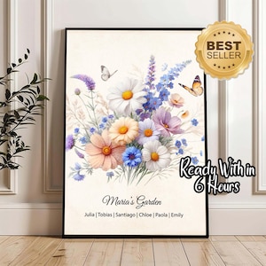 Birth Flower Family Bouquet, Personalised Watercolour Birth Flower Print, Wall Art, Birthday Gift, Minimalist Home Decor, Personalised gift