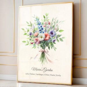 Birth Flower Family Bouquet, Personalised Watercolour Birth Flower Print, Wall Art, Birthday Gift, Minimalist Home Decor, Personalised gift